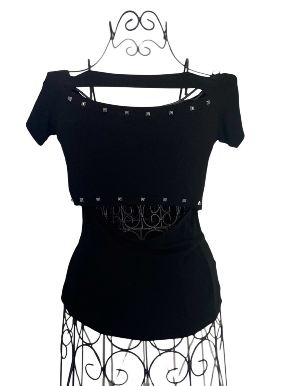 Handcrafted Black Stud-Trim Cut Out 2000s Women's Top - Picture 2 of 14